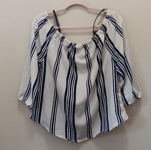 Blush Off Shoulder Blouse XLarge 1/2 Sleeves Semi Sheer Striped White Blue